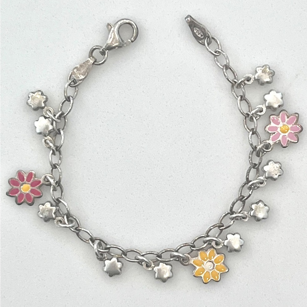 .925 Sterling Silver Enameled Flowers Kids Bracelet 6" Children's Jewelry